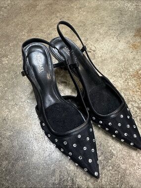 Michael Kors Black Pointed Slingback Flats with Silver Studs